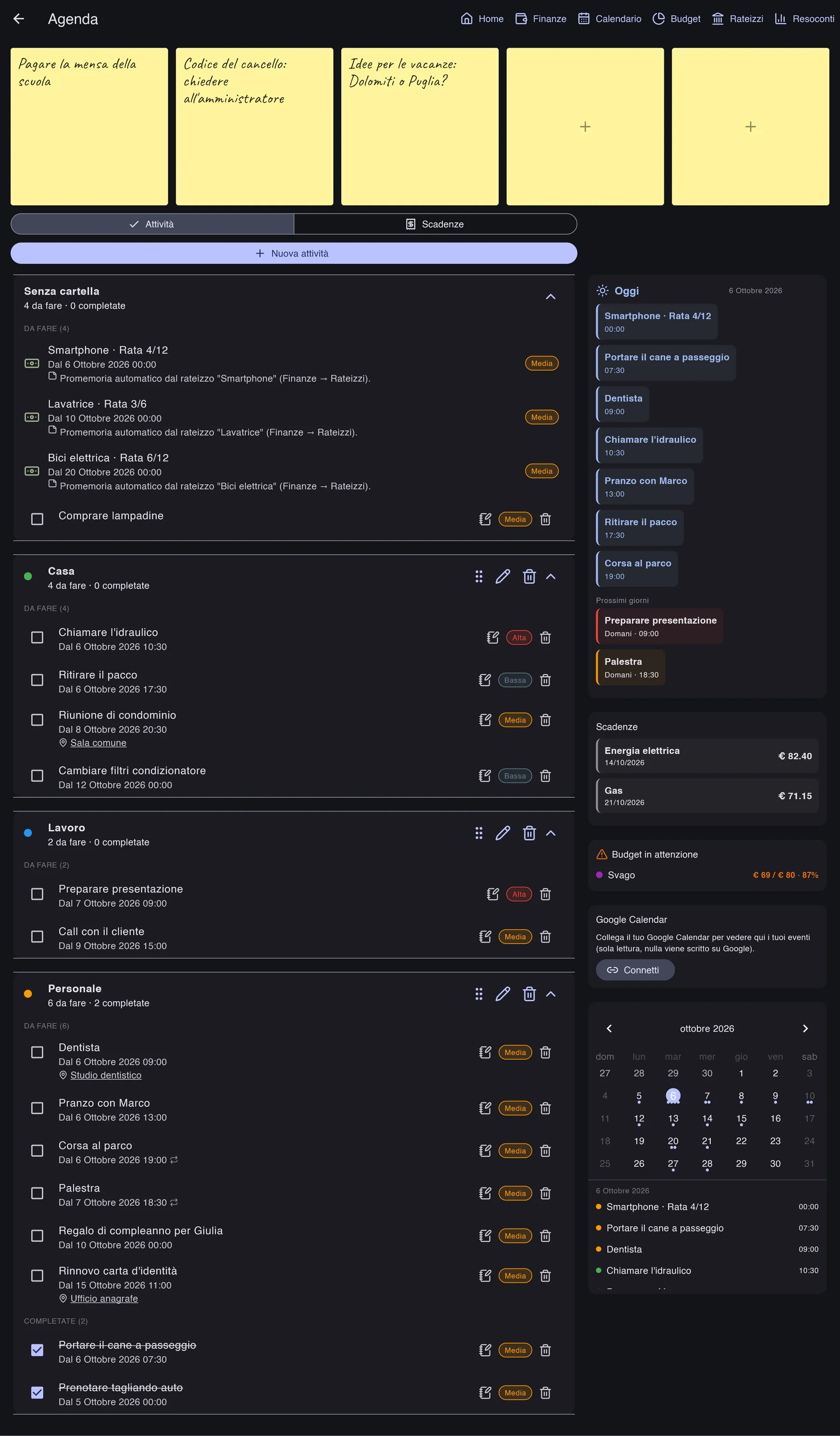 Pagina Agenda: attività raccolte in cartelle colorate, note adesive gialle e riepilogo di oggi